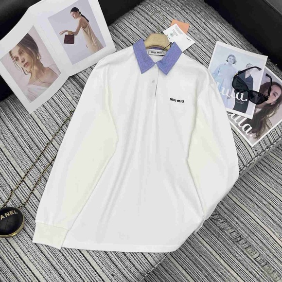 Meet the Posher Tops - Miu Miu Women's White Long-Sleeve T-Shirt with Collar